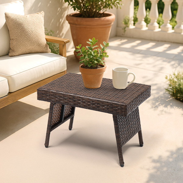 Outdoor Folding Side Table, Patio Rattan Coffee Table with PE Wicker & High-Duty Steel Frame for Garden Courtyard Poolside, Brown