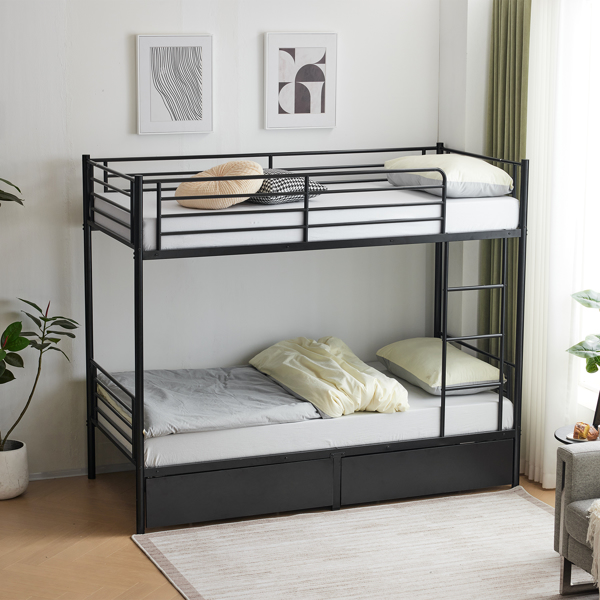 Twin Over Twin Bunk Bed with Two Storage Drawers & Full-Length Guard Rail, Heavy Duty Metal Bunk Bed for Kids Teens Adults, Black