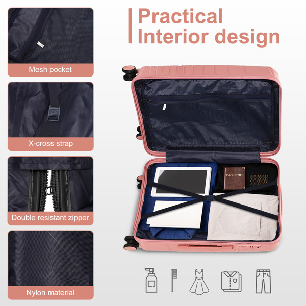 4-Piece Luggage Set with 2-Piece Handbag & 8-Piece Toiletry Kit – Rose Gold PP Suitcase + Beige Travel Accessories