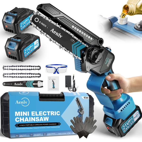 Mini Chainsaw 6 Inch Included 2Pcs Max 4.0Ah Battery, Upgraded Lightweight Handheld Chainsaw with Automatic Oiler, Small Handheld Battery Powered Super Saws for  Courtyard& Garden（FBA delivery)
