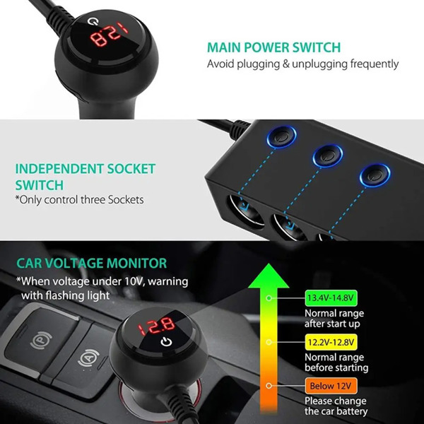 Car Charger Splitter 200W 3 Socket Cigarette Lighter Adapter with PD30W USB-C Multi USB Car Charger DC Outlet