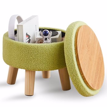 Storage Ottoman, Modern Round Footrest with Soft Padded Seat, Teddy Velvet Footstool with Wood Legs, Accent Small Table or Plant Stand for Hallway, Living Room (Brilliant Green)（Temu仅自提）