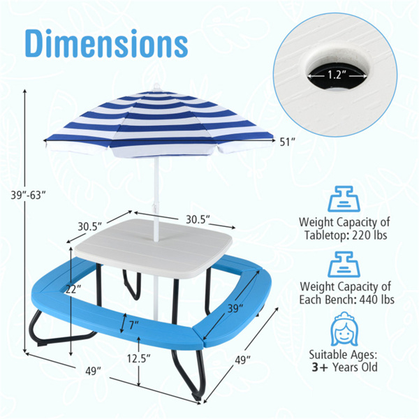  Kids Picnic Table Outdoor Activity Table With Umbrella -White