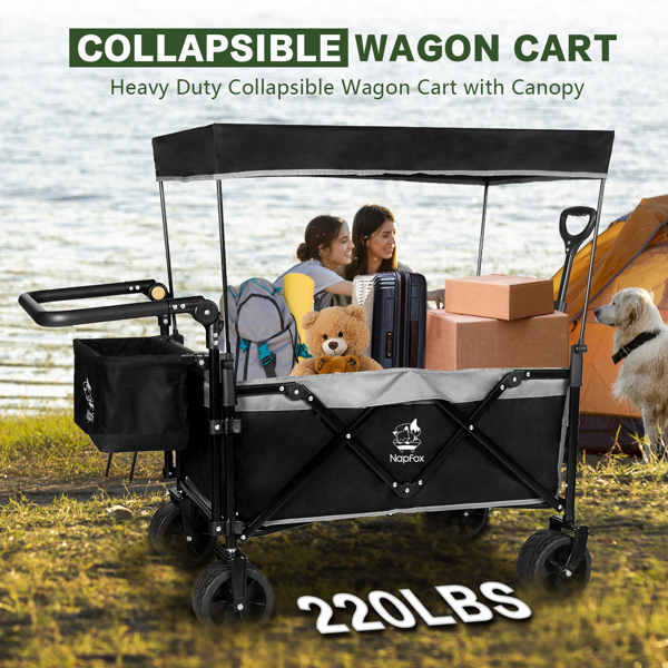 Heavy Duty Collapsible Wagon, Foldable Wagon with Removable Canopy, Foldind Wagon Cart with Wheels for All-Terrain with Brake, for Beach Camping Shopping