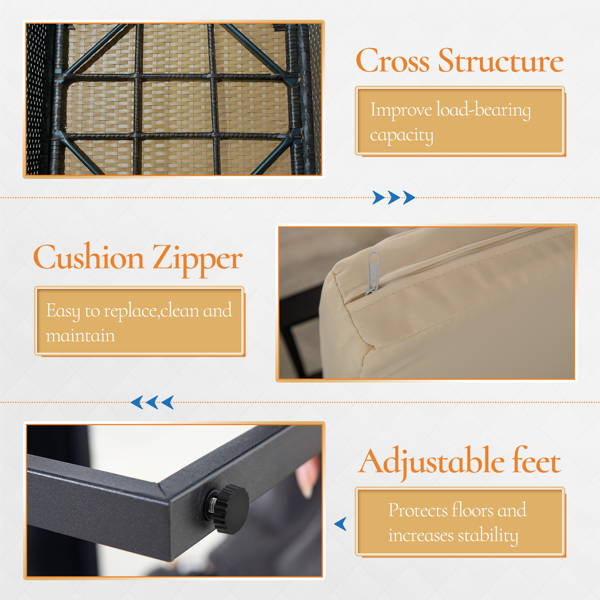 3 件套户外 PE 柳条家具套装，露台棕色藤条组合沙发，带可洗靠垫-3