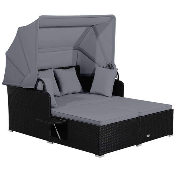 Gray  Rattan Daybed Lounge W/ Retractable Top Canopy Side Tables Cushions 