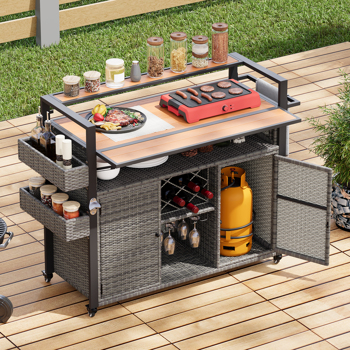  52.8\\"W Wicker Outdoor Grill Cart with Extended Plastic Wood Table Top, Rolling Kitchen Island on Wheels with Storage Cabinet, for Patio Backyard Garden Poolside, Double Handle Design, Grey