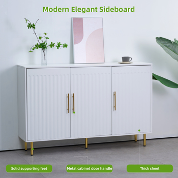 3-Door Large Storage Sideboard with Gold Handles for Kitchen, Dining Room and Living Room.55.12\\" W Accent White Buffet Cabinet, Coffee Bar Sideboard Cabinet with 3 doors (White) 