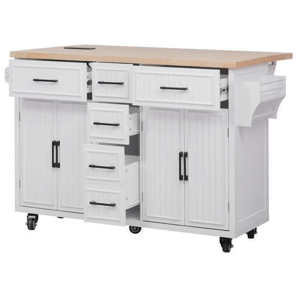56.5'' Kitchen Island with Drop Leaf, Power Outlet, Embossed Vertical Stripe Rolling Kitchen Cart on Wheels with 4 Doors , 5 Deep Drawers and Adjustable Shelves, for Kitchen, Dining Room, White