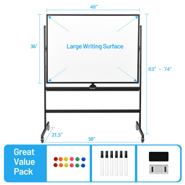 48''x36'' Mobile Whiteboard with Height Adjust，Magnetic Double-Sided Reversible Whiteboard