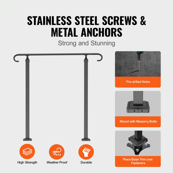 可调节户外踏步扶手，适合1-3级台阶，混凝土或木制楼梯的黑色过渡设计，前廊安全栏杆（周末不发货，禁售亚马逊）-2