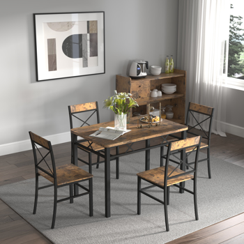 Dining Table Set for 4, Wood Kitchen Table with Chairs Dinning Table Set for Kitchen & Dining Room, Compact Dining Set for Small Spaces, Rustic Brown 