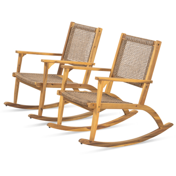  2 Pieces Patio Rocking Chair Set, Acacia Wood Outdoor Rockers with Wicker Rattan Seat & Backrest, Comfortable Garden Porch Chairs for Backyard, Balcony, and Poolside, Natural