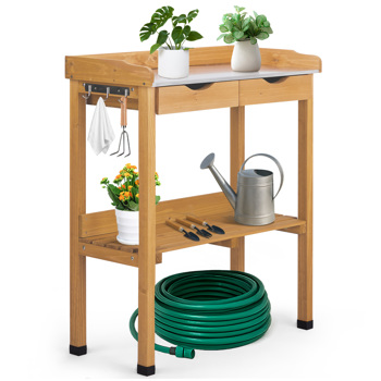 Outdoor Garden Potting Bench Table, Wooden Horticulture Planting Worstation with Metal Tabletop, 2 Drawers, Storage Shelf, 3 Hooks, Natural Wood