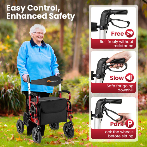 New 2-in-1 Foldable Rollator Walker with 9 Inch Pneumatic Tires 
