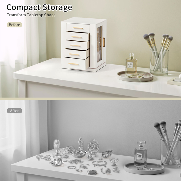 360° Rotating Jewelry Box with 5 Drawers - White Cabinet & Pink Velvet Storage (22x18x28.5cm)