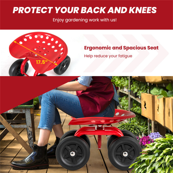360° Garden Rolling Workseat with Swivel Seat and Adjustable Height-Red 