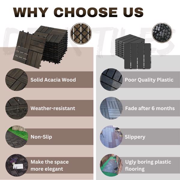 相思木互锁露台瓷砖，棋盘格图案，10 块，12 英寸 x 12 英寸方形，深棕色相思木硬木户外地板，适用于露台、阳台、泳池边-8