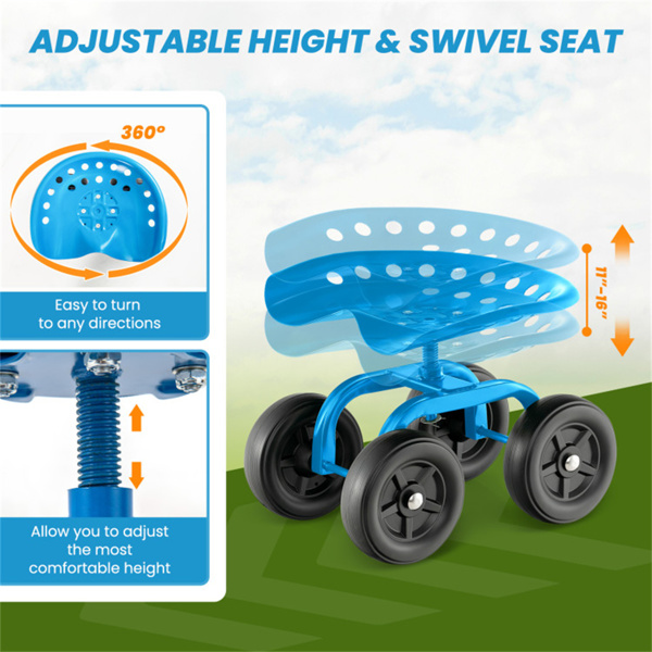 360° Garden Rolling Workseat with Swivel Seat and Adjustable Height-Blue 