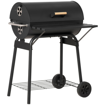 30\\" Portable Barrel Charcoal BBQ Grill, Steel Outdoor Barbecue Smoker with Storage Shelf, Wheels for Garden Camping Picnic, Black 
