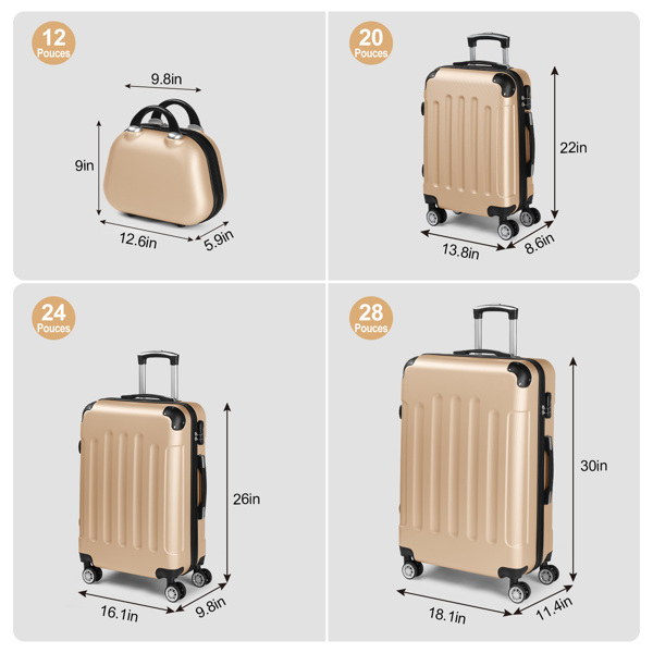 4-Piece Suitcase Set, Travel Suitcase Set, Hard Shell Trolley Made of ABS with Telescopic Handle, Hand Luggage, Champagne gold