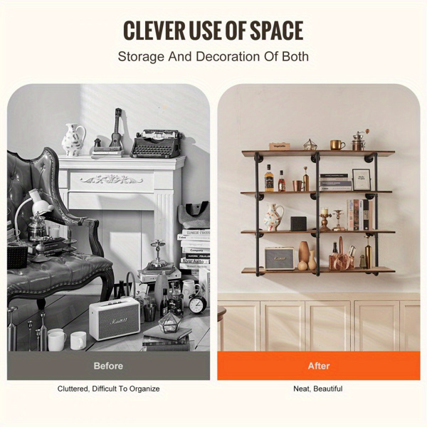 【Excluding storage board】4-Tier Industrial Pipe Shelf, 3PCS Set, 11.8in Width, Wall-Mount Storage Solution for Home or Office, Planks Not Included