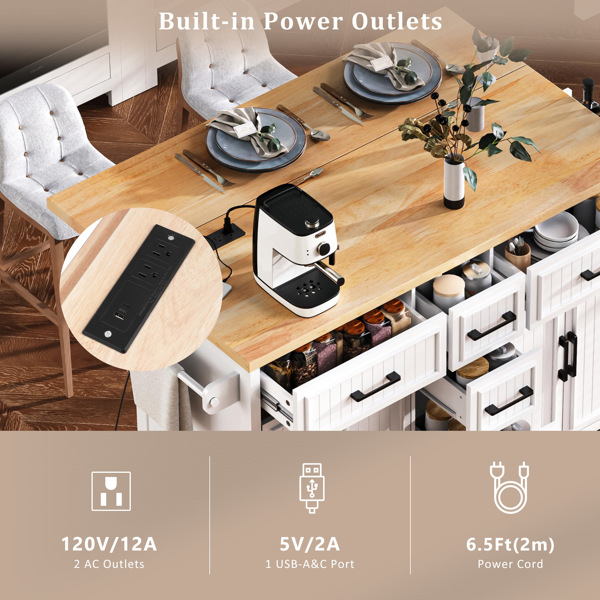 56.5'' Kitchen Island with Drop Leaf, Power Outlet, Embossed Vertical Stripe Rolling Kitchen Cart on Wheels with 4 Doors , 5 Deep Drawers and Adjustable Shelves, for Kitchen, Dining Room, White