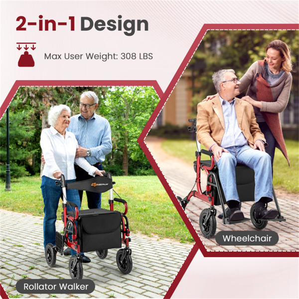 New 2-in-1 Foldable Rollator Walker with 9 Inch Pneumatic Tires 