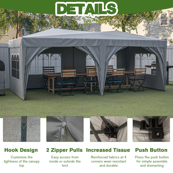 10 x 20 ft Heavy Duty Awning Canopy Pop Up Gazebo Marquee Party Wedding Event Tent with 6 Removable Sidewalls & Carry Bag, Gray