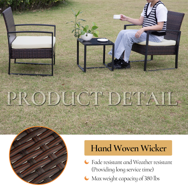 3 件套户外 PE 柳条家具套装，露台棕色藤条组合沙发，带可洗靠垫-11