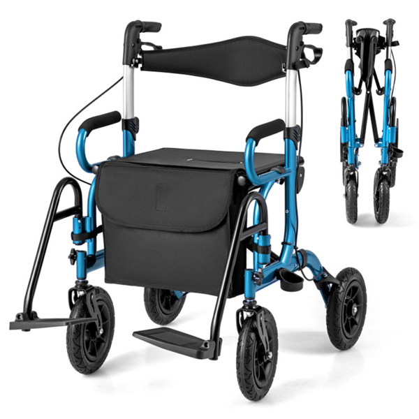 New 2-in-1 Foldable Rollator Walker with 9 Inch Pneumatic Tires 