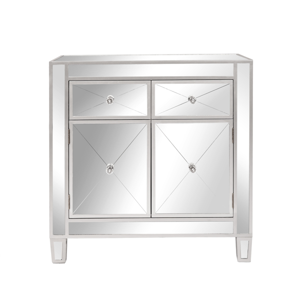 28in MDF With Mirror Surface Two Drawers Two Doors Bedside Table Silver
