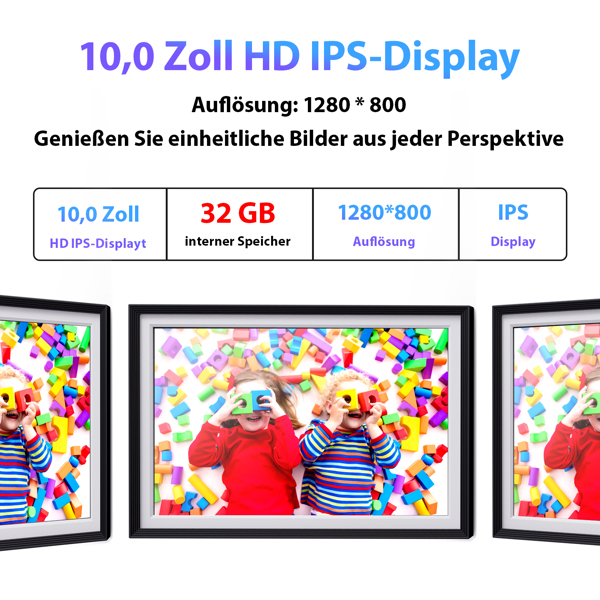 Digital photo frame with WiFi photo transfer. Digital picture frame with 1280x800 pixels, 32 GB, electronic photo frame with Uhale photo/video-sharing feature.