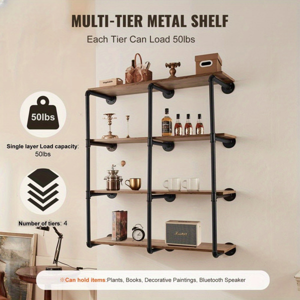 【Excluding storage board】4-Tier Industrial Pipe Shelf, 3PCS Set, 11.8in Width, Wall-Mount Storage Solution for Home or Office, Planks Not Included