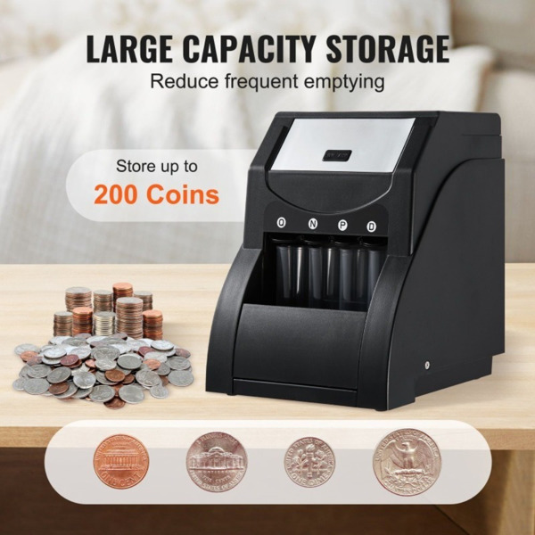 Automatic Coin Sorter Machine for US Coins - Counts & Sorts 230 Pennies/Nickels/Dimes/Quarters per Minute, 200-Coin Capacity, Ideal for Banks/Retail/Home Use