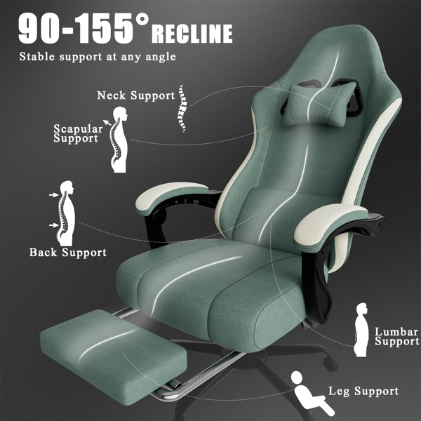 带袋装弹簧坐垫的人体工学游戏椅，带脚踏的透气织物电脑椅，可调节腰部支撑 成人游戏椅 蓝色（TEMU仅限自提）-5