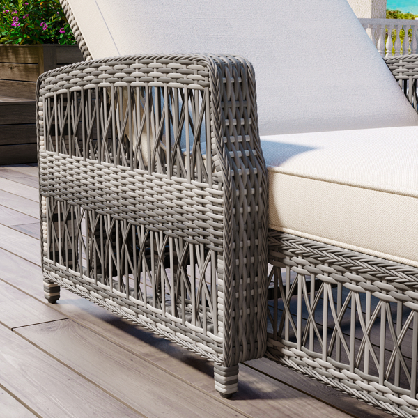 Outdoor Long Reclining Chaise, Wicker Lounge with Armrests, Patio Adjustable Recliner with Soft Removable Cushions, All Weather Rattan Pool Lounge for Poolside & Garden, Beige
