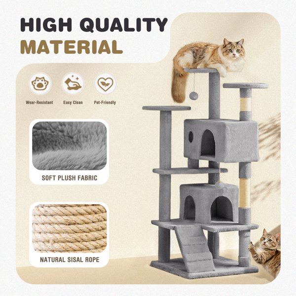54in Cat tree, indoor cat high-rise multi-story tower, pet playroom with large apartment 