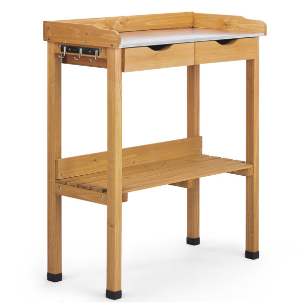 76*37*92.5CM 橘黄色 杉木 2层置物架带2个抽屉 3个侧挂钩 园艺操作台-5