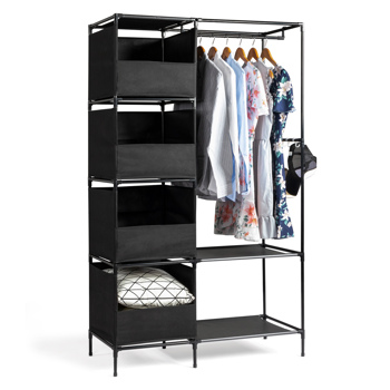 4-Tier Double Row Hanging Wardrobe with Curtains & Storage Compartments – Non-Woven Fabric Closet (105*45*170cm, Black)