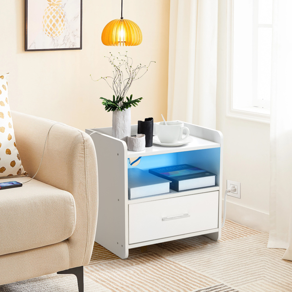 39*29*41cmcm Particleboard Pasted Triamine Single Drawer With Socket With LED Light Bedside Table White