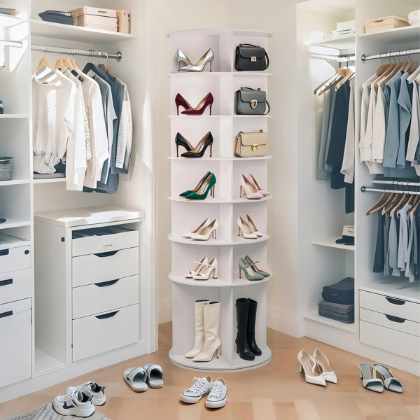 7 Tier Rotating Shoe Rack, High Bottom Design Rotating Shoe Rack Tower, Free Standing 360° Spinning Shoe Organizer, Round Display Spinning Shoe Rack Tower, Fits 28 Pairs of Shoes (White)
