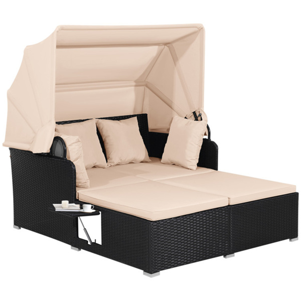 Beige  Rattan Daybed Lounge W/ Retractable Top Canopy Side Tables Cushions 