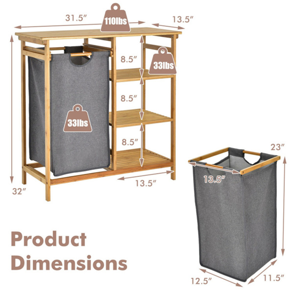 Bamboo Laundry Hamper Stand with 3-Tier Open Shelves