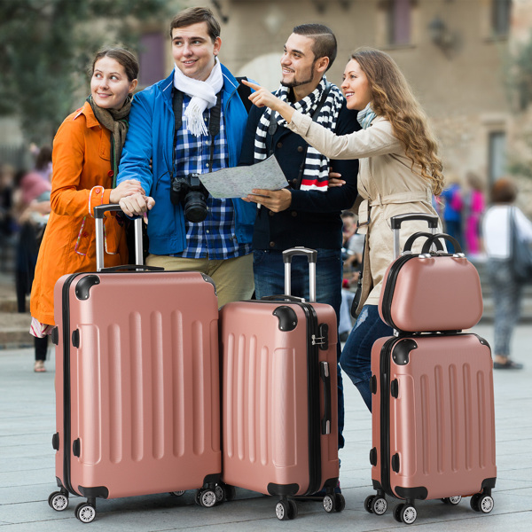 4-Piece Suitcase Set, Travel Suitcase Set, Hard Shell Trolley Made of ABS with Telescopic Handle, Hand Luggage, Rose Gold