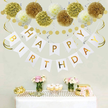 Flower Shape Paper Poms Set Birthday Decoration Kit for Women Party Decorations (Gold and White Flower)