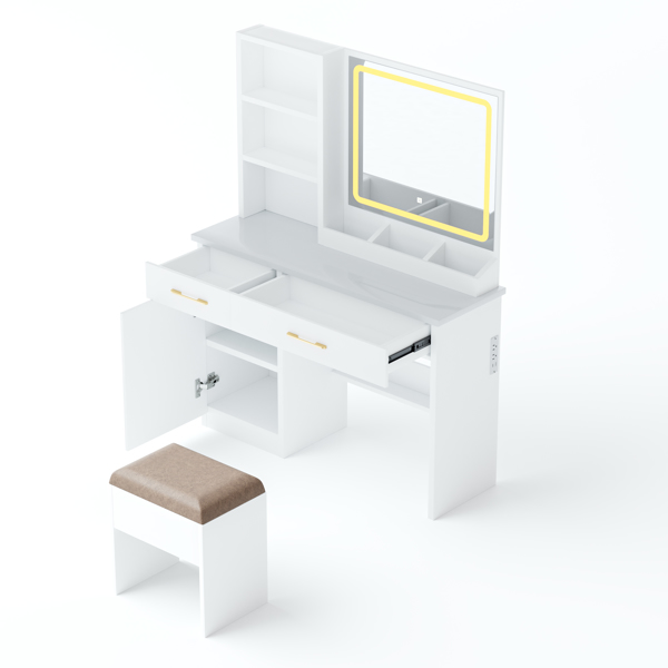 32'' Wide Makeup Vanity Desk with Lighted Mirror and Power Outlet, Dressing Table with Large Storage Space and Cushioned Stool for Bedroom & Studio