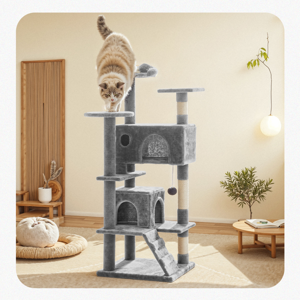 54in Cat tree, indoor cat high-rise multi-story tower, pet playroom with large apartment 