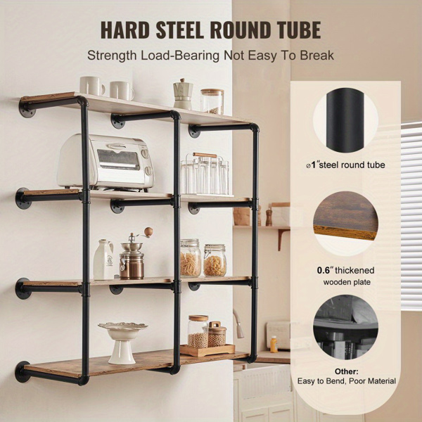 【Excluding storage board】4-Tier Industrial Pipe Shelf, 3PCS Set, 11.8in Width, Wall-Mount Storage Solution for Home or Office, Planks Not Included