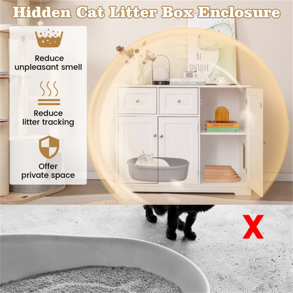 Cat Litter Box Enclosure With 2 Drawers 3 Doors Anti-Toppling Devices Storage  ﻿